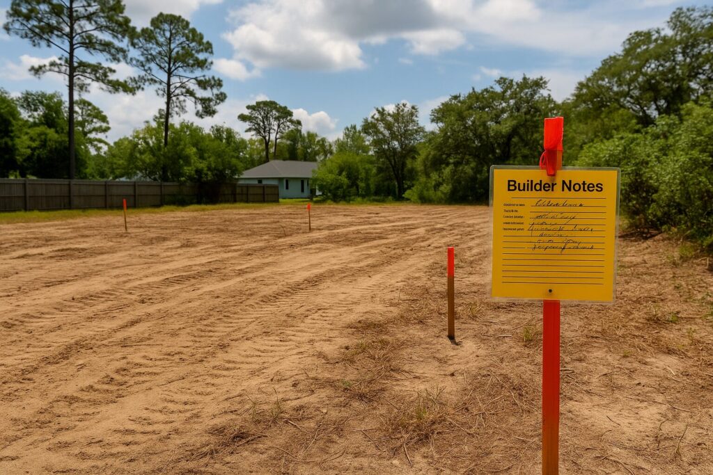Pensacola homesite with survey stakes and builder notes