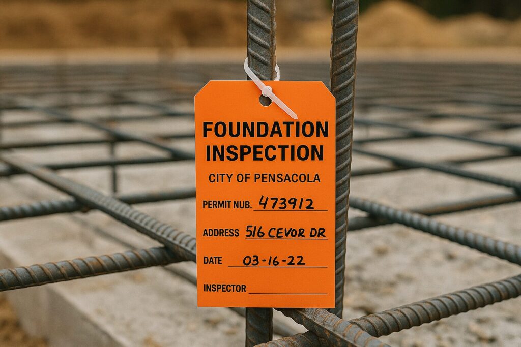 Foundation inspection tag tied to rebar before pour - EZ Modern Homes Foundation inspection tag tied to rebar before pour - EZ Modern Homes